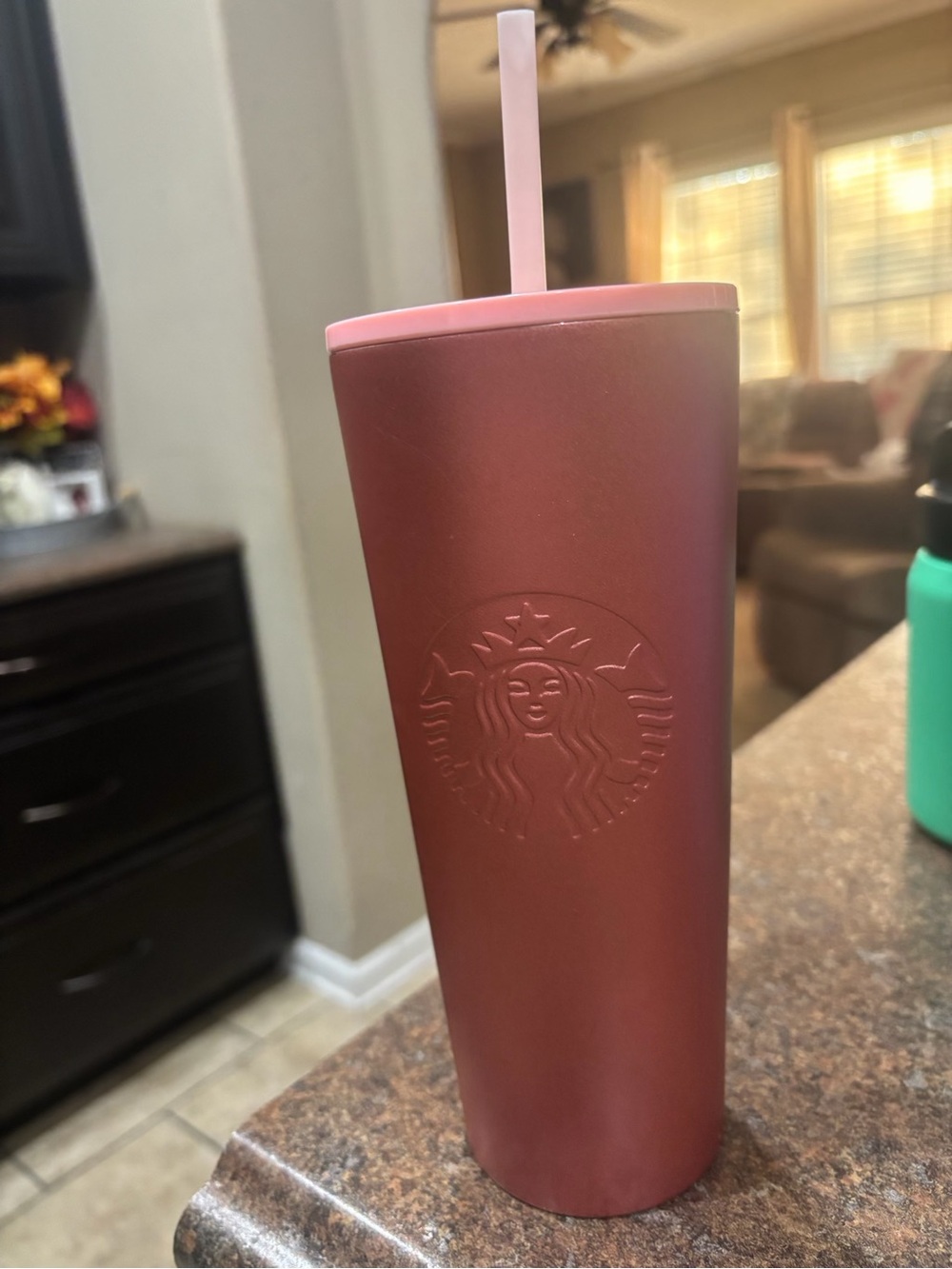 Starbucks Burgundy Tumbler with Pink Lid and Straw